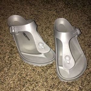 Awesome Birkenstock Gizeh EVAs, Silver, Size 39